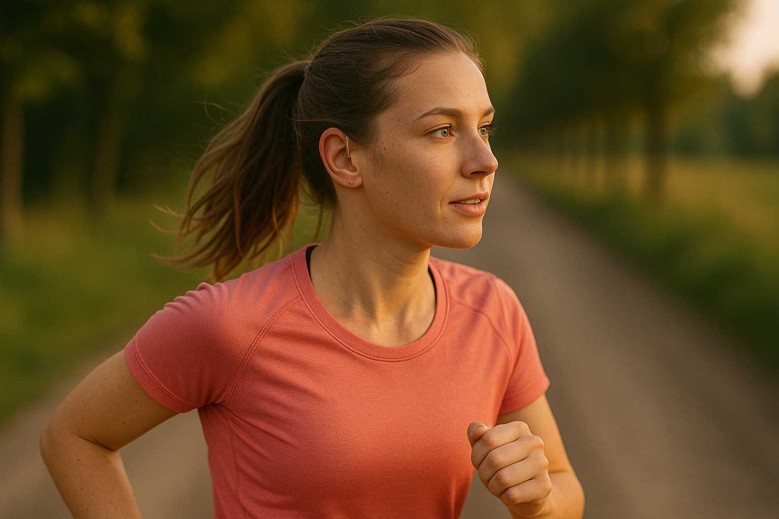 „Joggerin mit Hörgerät in der Natur – modernes Hören bei Bewegung“