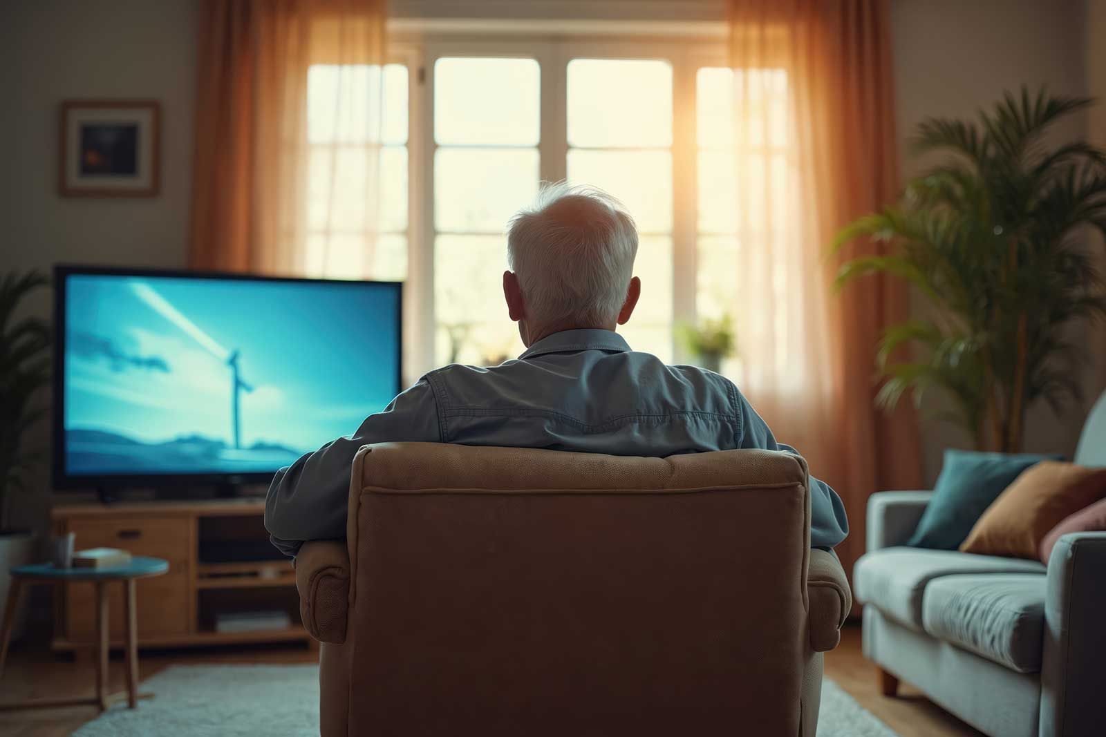 Älterer Mann vor dem Fernseher, alleine im Sessel